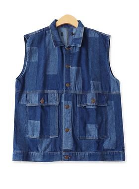 工装格子马甲春夏新款外贸男士休闲单排扣宽松水洗牛仔背心18164