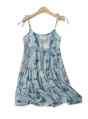 印花吊带裙夏季新款外贸女装百搭露背显瘦绑带拼接蛋糕短裙16181