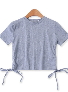 棉T恤夏新款外贸女装百搭显瘦系带抽绳褶皱短款套头短袖上衣12294