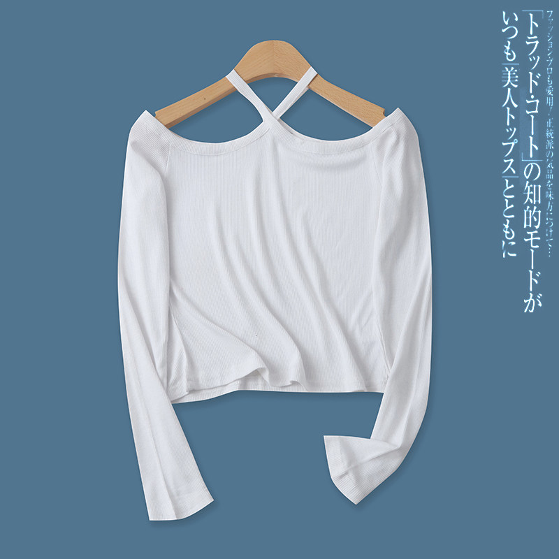 挂脖T恤春季新款外贸女装时尚百搭露肩显瘦高弹力长袖螺纹衫16240