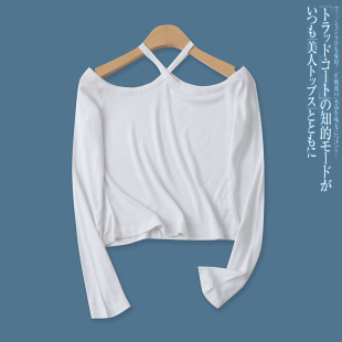 新款 螺纹衫 外贸女装 百搭露肩显瘦高弹力长袖 16240 时尚 挂脖T恤春季