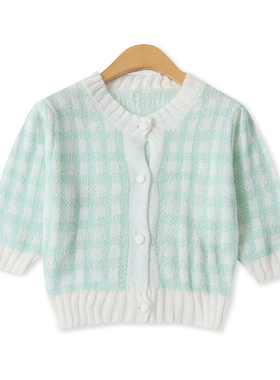 格子针织T恤秋新款外贸女装百搭减龄短款修身前扣泡泡袖T恤18757