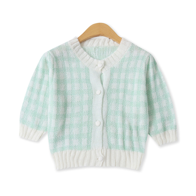 格子针织T恤秋新款外贸女装百搭减龄短款修身前扣泡泡袖T恤18757