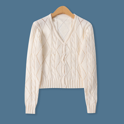 镂空针织开衫秋季新款外贸女装百搭短款单排扣修身长袖毛衣18800