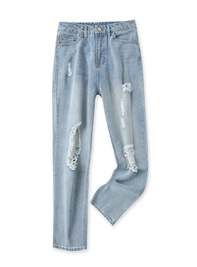 破洞牛仔裤夏季新款外贸女装时尚百搭高腰显瘦多口袋水洗裤14845