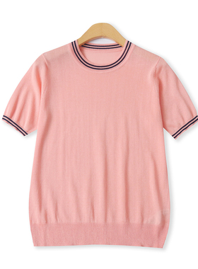 薄款针织T恤秋季新款外贸女装百搭撞色圆领宽松短袖透气上衣18802