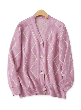 针织毛衣秋季新款外贸女装百搭慵懒风v领单排扣长袖提花开衫15646