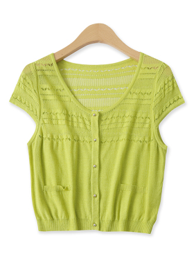 针织T恤夏新款外贸女装时尚百搭圆领单排扣修身镂空短袖开衫16663