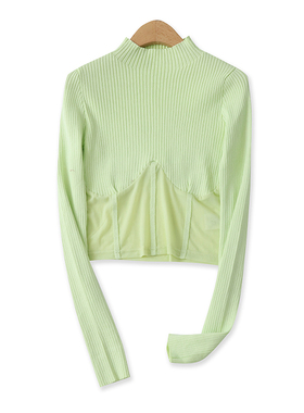 时装针织衫秋季新款外贸女装百搭修身弹力网纱拼接套头上衣15664