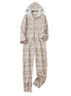 珊瑚绒家居服冬新款外贸亲子保暖宽松长袖连帽半拉链连衣裤15610