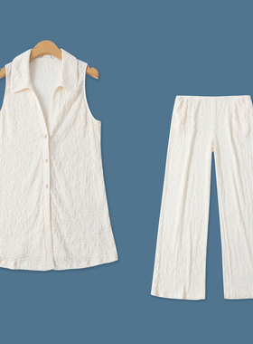 蚂蚁皱套装夏新款外贸女装无袖翻领上衣+松紧腰直筒裤分开卖18655