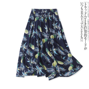 人棉印花裙夏季新款外贸女装百搭松紧高腰A字宽松半身中长裙17026