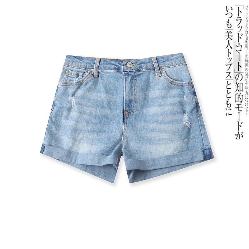 牛仔热裤夏季新款外贸女装时尚百搭多口袋水洗破洞翻边短裤17010