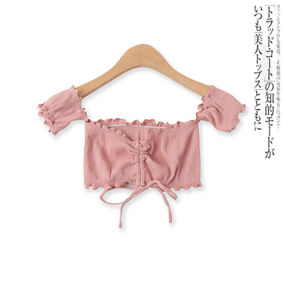 抽褶系带显瘦短露脐抹胸