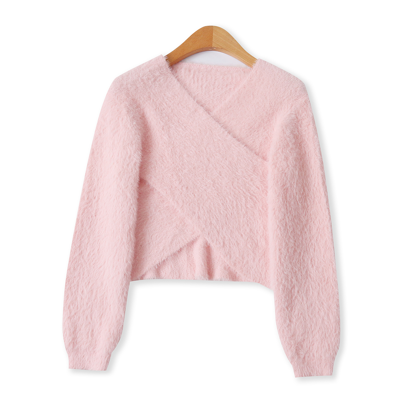 仿水貂绒毛衣秋新款外贸女时尚短款修身V领前交叉长袖针织衫19021