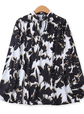 印花衬衫夏季新款外贸女装复古风时尚系带套头修身长袖上衣12937