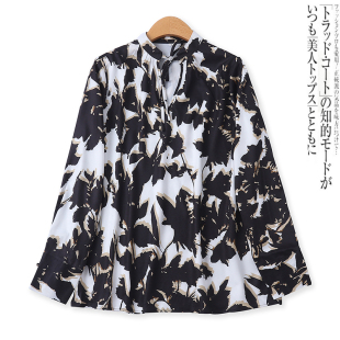 外贸女装 新款 复古风时尚 系带套头修身 上衣12937 印花衬衫 长袖 夏季