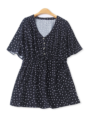 人棉波点小衫夏季新款外贸女装时尚百搭鸡心领短袖套头上衣17526