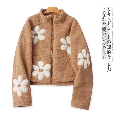 羊羔毛开衫冬季新款外贸女装立领保暖宽松刺绣长袖拉链外套19101