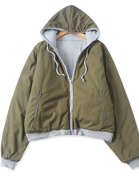 两面穿加厚棉衣冬新款外贸女装休闲宽松大板型长袖连帽棉服17371