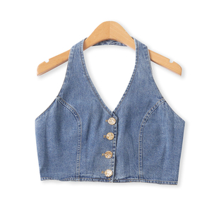 牛仔挂脖背心秋新款外贸女装性感百搭短款单排扣水洗辣妹装19010