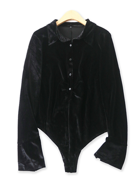 金丝绒连体春季新款外贸女装百搭修身翻领长袖套头连衣短裤16343