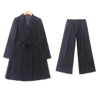 两件套春季 松紧高腰阔腿长裤 新款 中长系带衬衫 19622 外贸女装 时装