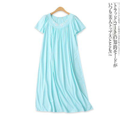 刺绣睡裙夏季新款外贸女装大码宽松插肩短袖套头家居服长裙18089