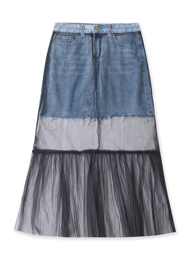 网纱拼接牛仔裙秋季新款外贸女装时尚百搭修身包臀半身裙18794