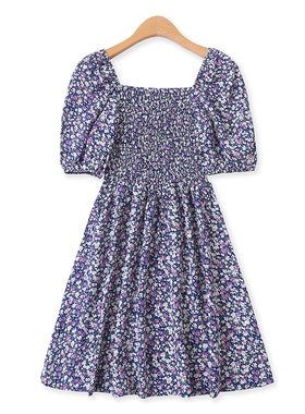 印花裙夏新款外贸女装减龄套头高腰修身褶皱泡泡短袖连衣裙12960