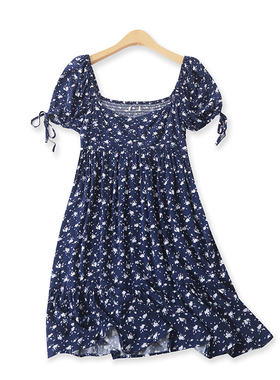 人棉连衣裙夏季新款外贸女装方领荷叶边绑带宽松短袖印花裙16704