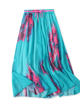 雪纺半身裙夏季新款外贸女装民族风松紧高腰宽松印花中长裙17039