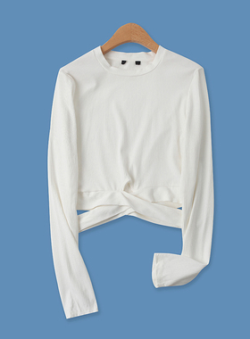 螺纹T恤春夏新款外贸女装时尚个性镂空交叉下摆显瘦长袖上衣14964