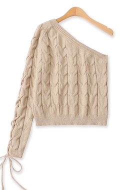 斜露肩辣妹毛衣秋季新款外贸女装时尚短款修身设计感针织衫18583