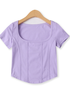 糖果色棉T恤夏新款外贸女装百搭短款显瘦套头鱼骨排短袖上衣16053