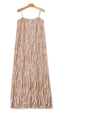 泡泡褶吊带裙夏季新款外贸女装时尚毛边修身后开叉抹胸长裙18144