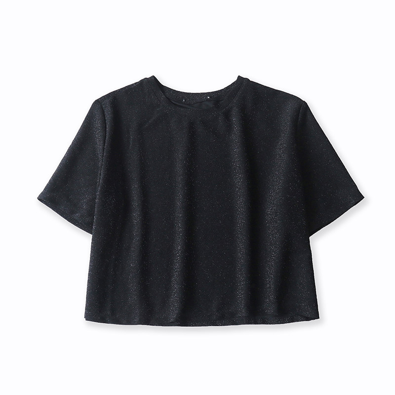 亮丝T恤夏新款外贸女装时尚轻熟风圆领百搭显瘦短袖套头上衣9481