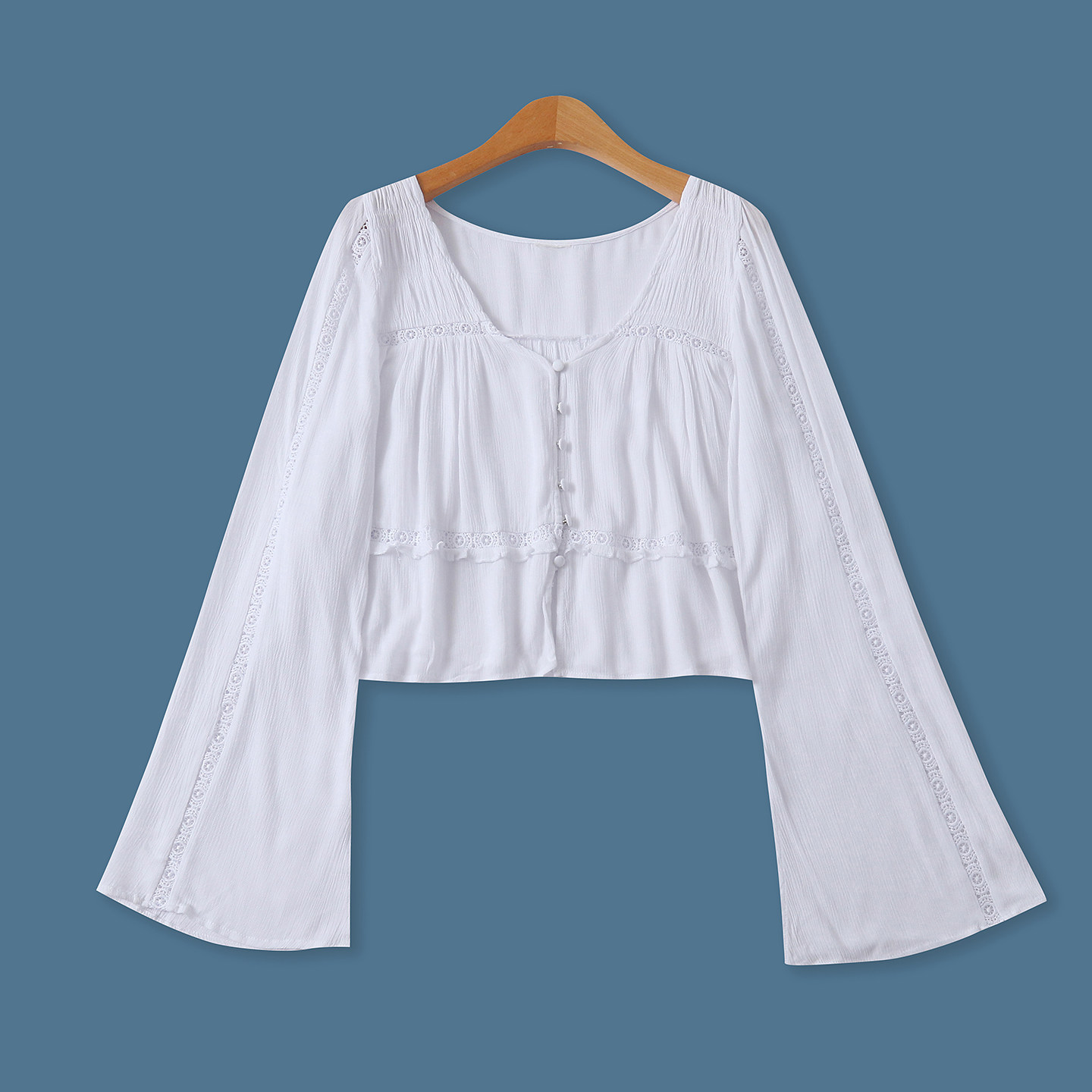 镂空钩花白衬衫秋新款外贸女装时尚肌理感修身短款长袖小衫18971