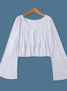 镂空钩花白衬衫秋新款外贸女装时尚肌理感修身短款长袖小衫18971