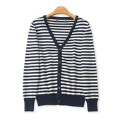 秋季 长袖 新款 百搭休闲V领单排扣修身 毛衣18626 外贸女装 条纹薄开衫