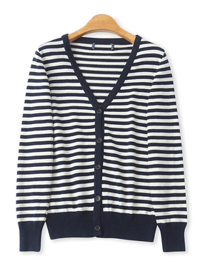 条纹薄开衫秋季新款外贸女装百搭休闲V领单排扣修身长袖毛衣18626