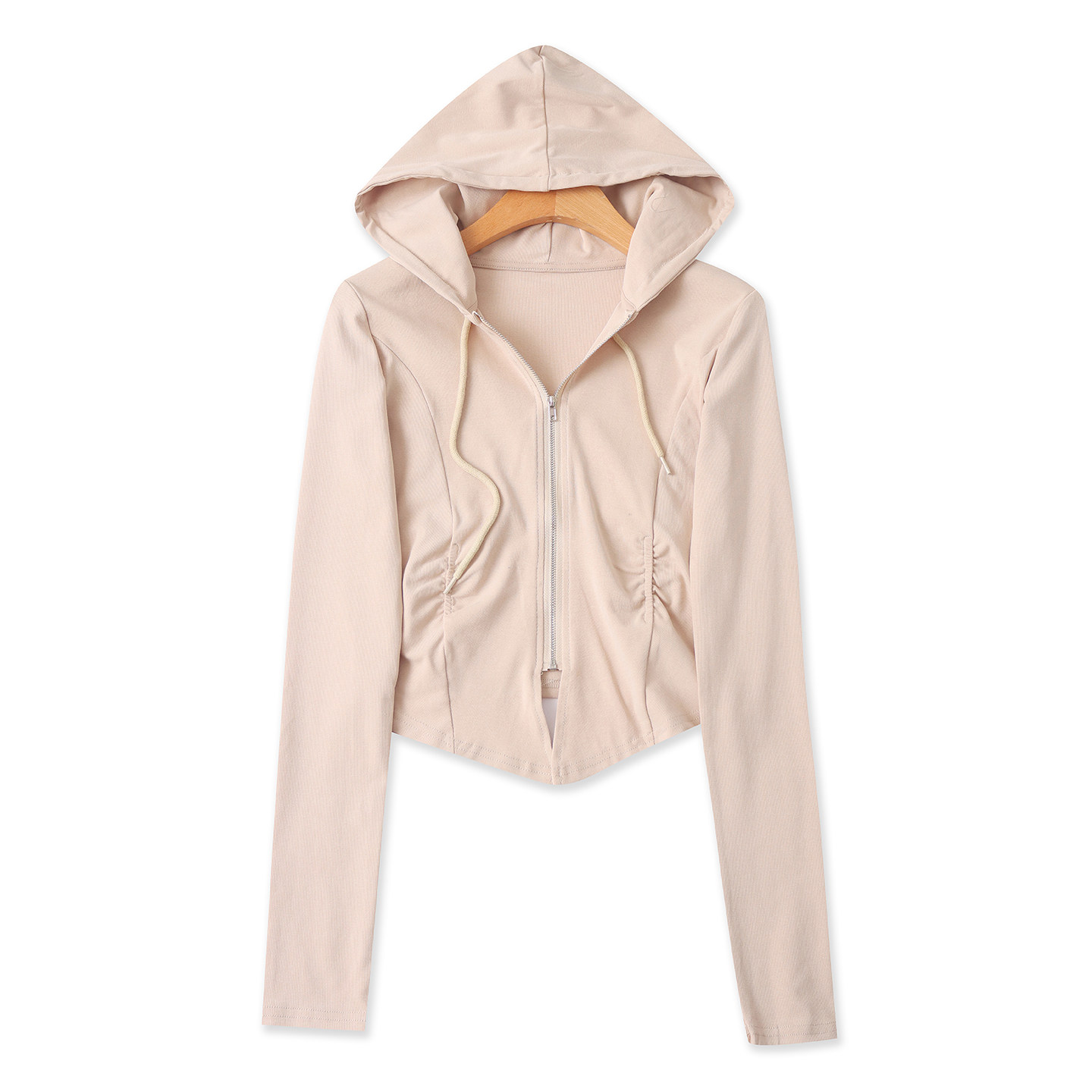 连帽T恤春季新款外贸女装百搭松紧褶皱修身长袖拉链短款上衣19190,女装/女士精品,T恤,淘宝优惠券,粉丝福利购,淘宝优惠卷