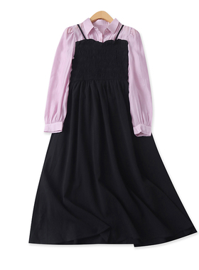 假两件连衣裙春季新款外贸女装时尚翻领高腰褶皱长袖拼色裙17857