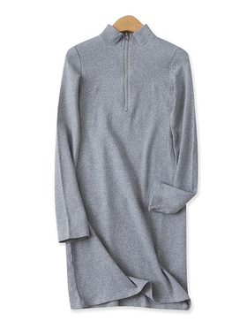 棉立领连衣裙秋新款外贸女装百搭高弹力收腰长袖拉链螺纹裙15547