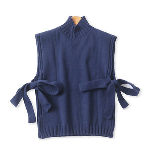 绑带针织马甲秋新款外贸女装时尚百搭修身高领叠穿坎肩背心18981