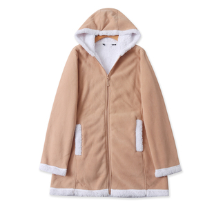 保暖宽松长袖 拉链连帽家居服19097 外贸女装 中长摇粒绒外套冬新款