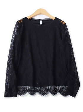 蕾丝衫春夏新款外贸女装百搭时尚圆领修身镂空长袖套头上衣18120