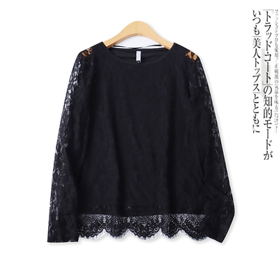 蕾丝衫春夏新款外贸女装百搭时尚圆领修身镂空长袖套头上衣18120