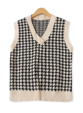 千鸟格针织马甲秋季新款外贸女装休闲百搭螺纹拼接宽松背心17109