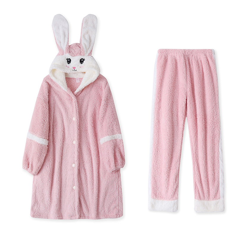 连帽保暖睡裙卡通套装长裤长袖